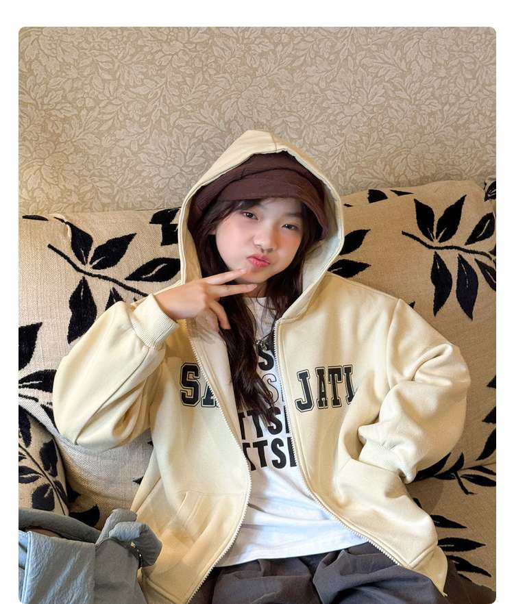 大きめファッション  ゆったりカレッジ風ジップアップパーカー