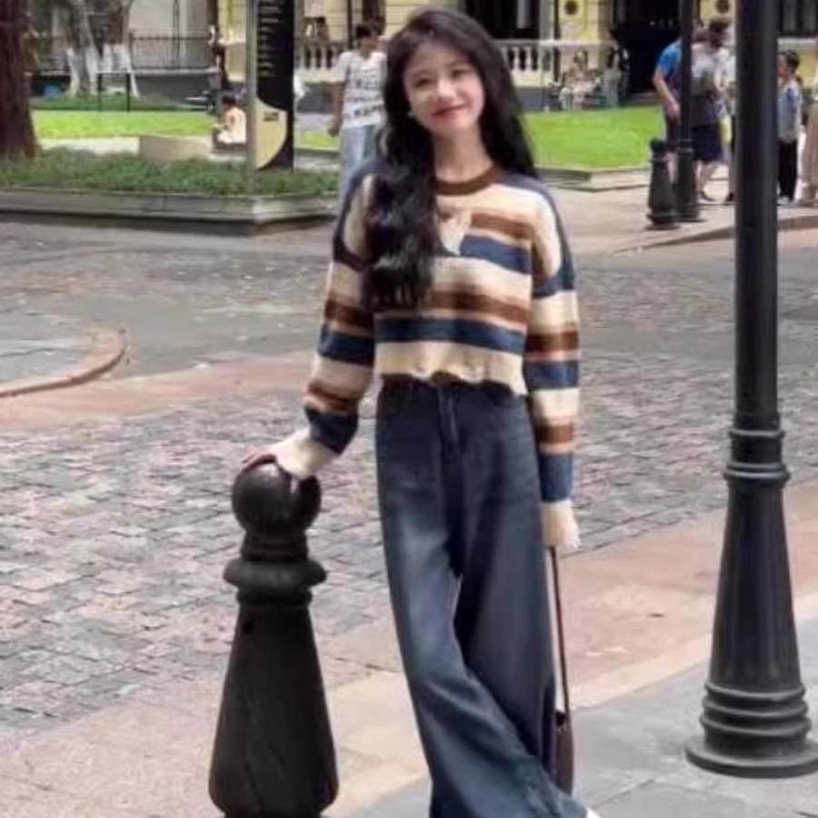 大きめファッション  ストライプ柄オーバーサイズニット