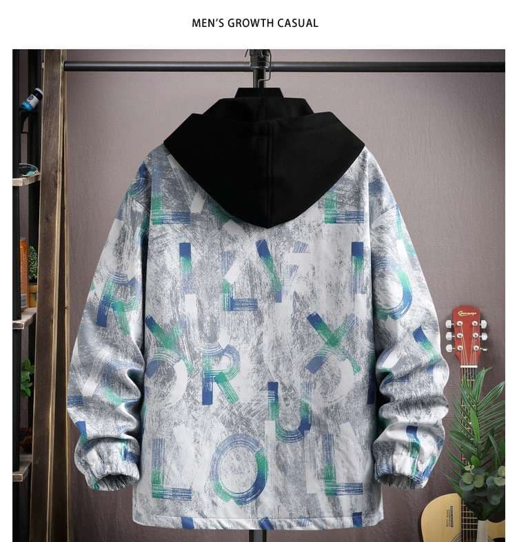 大きめファッション  スマイルワッペン付き総柄ビッグシルエットジャケット