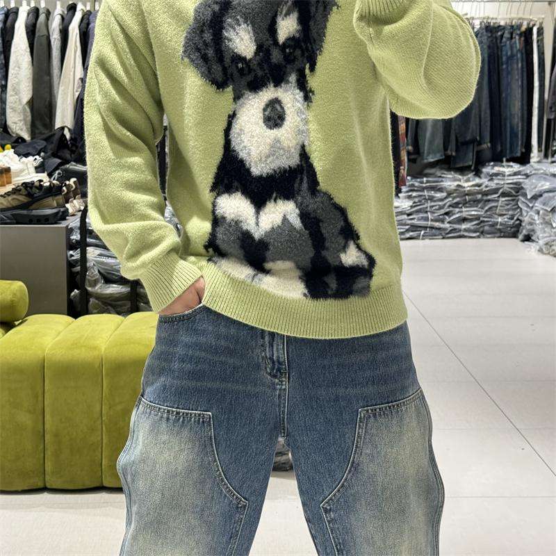 ジャストサイズよりも大きめの、体に密着しないゆるっとゆとりのあるファッションサイト ゆったり犬柄ニットプルオーバー