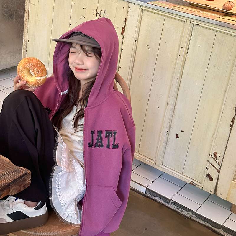 大きめファッション  ゆったりカレッジ風ジップアップパーカー