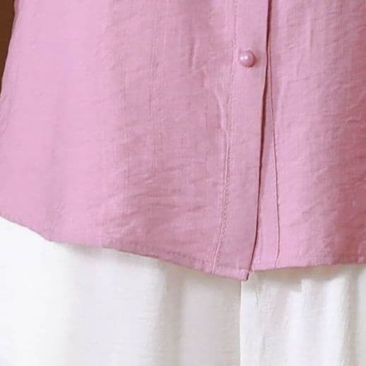 大きめサイズ 花柄刺繍入り五分袖立襟ブラウス
