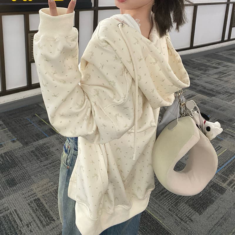 大きめサイズ 小花柄刺繍ゆったりフード付きトップス